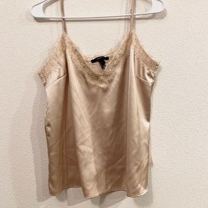 Champagne colored Satin Cami Blouse with Lace Trim